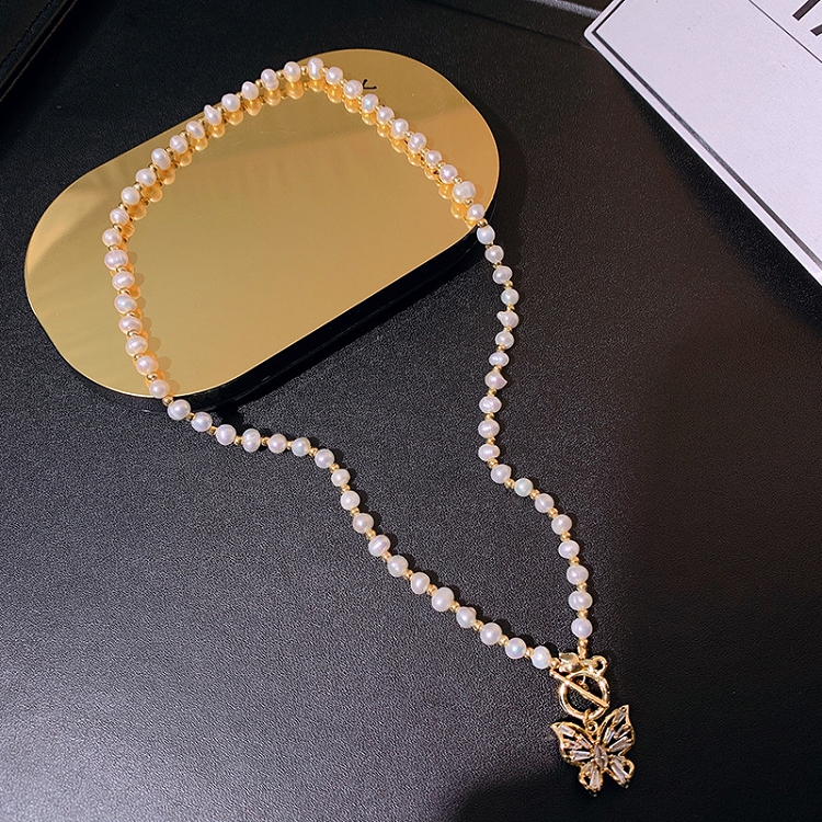 Korea buy natural freshwater exquisite pearl necklace light luxury super fairy micro inlaid zircon butterfly clavicle chain pendant 